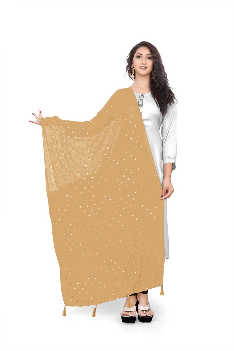 themilestocks Woman's Embroidered Chiffon Dupatta Scarf Shawl Wrap Soft Indian Bridal Wedding - Camel - Image 1